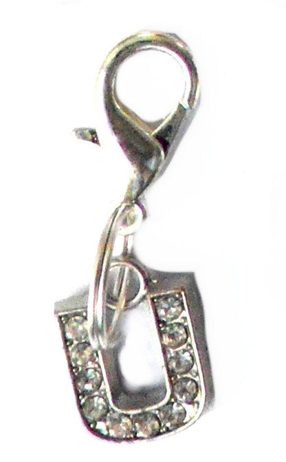 Salmon Oscar A-Z crystal letter pet charm attached to a leash or collar for dogs or cats, sparkling and decorative pet accessory.