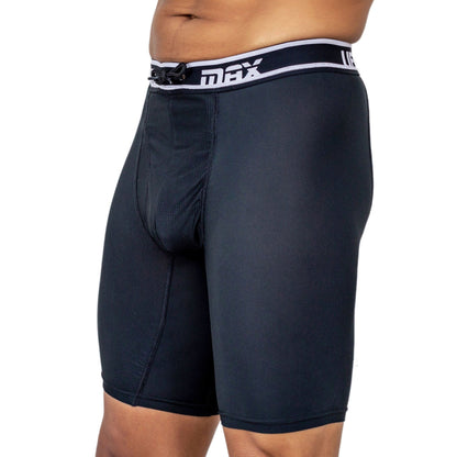 Maroon Mango UFM Long Boxer Brief 9-inch polyester underwear with maximum support, shown on a model.