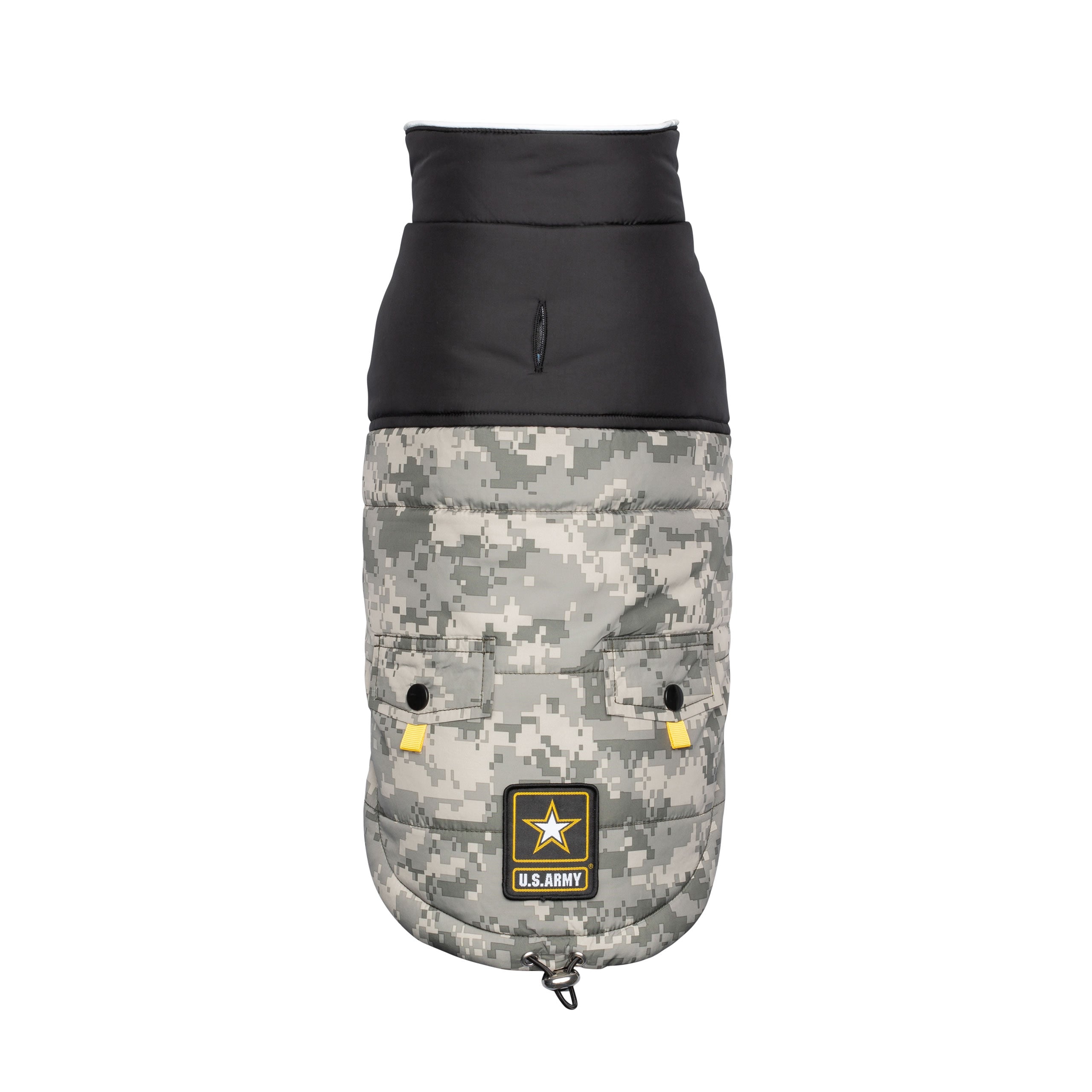 Beige Antigone US Army camouflage dog jacket shown on a dog, showcasing durable petwear designed for outdoor activities.