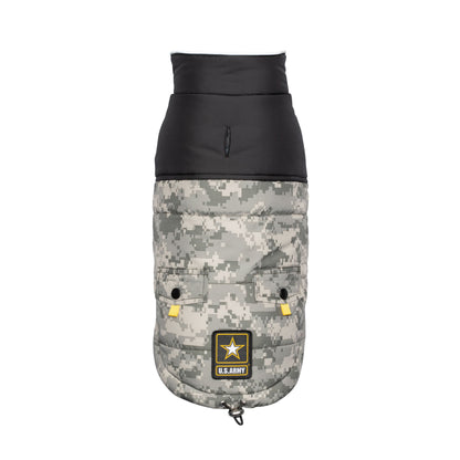 Beige Antigone US Army camouflage dog jacket shown on a dog, showcasing durable petwear designed for outdoor activities.
