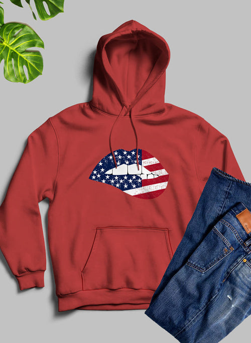 American flag lips graphic hoodie by Jade Thalassa featuring bold lip and flag design, casual and stylish T-shirt for patriotic fashion.