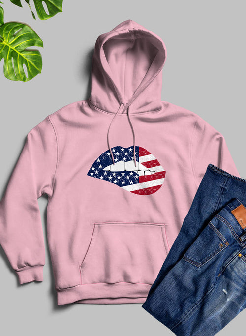 American flag lips hoodie by Jade Thalassa featuring bold lips and USA flag design on a stylish T-shirt.