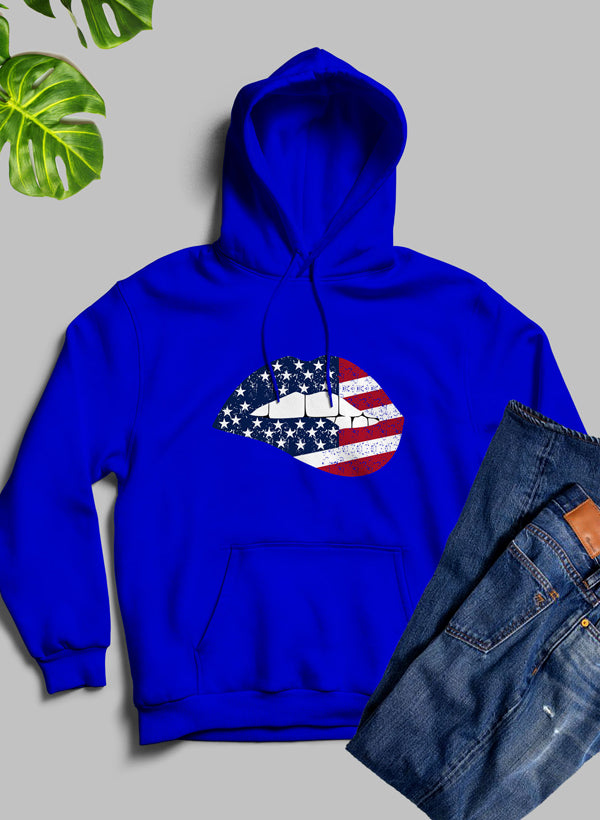 American flag lips hoodie by Jade Thalassa featuring bold lips with the USA flag design on the front.