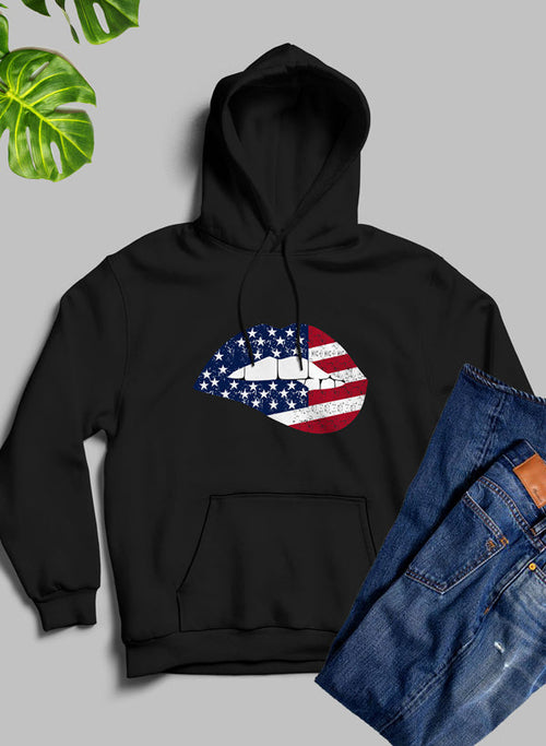 American flag lips graphic hoodie by Jade Thalassa featuring bold USA flag lips design on a casual hoodie.
