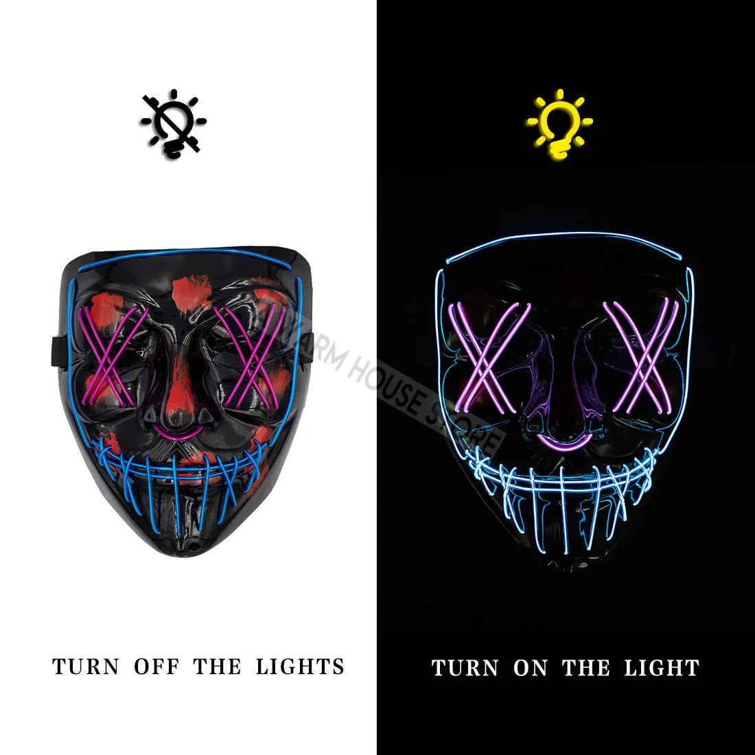 White Eucalyptus Halloween LED pet mask with UV-reactive design, featuring glowing lights and adjustable straps for a comfortable fit.
