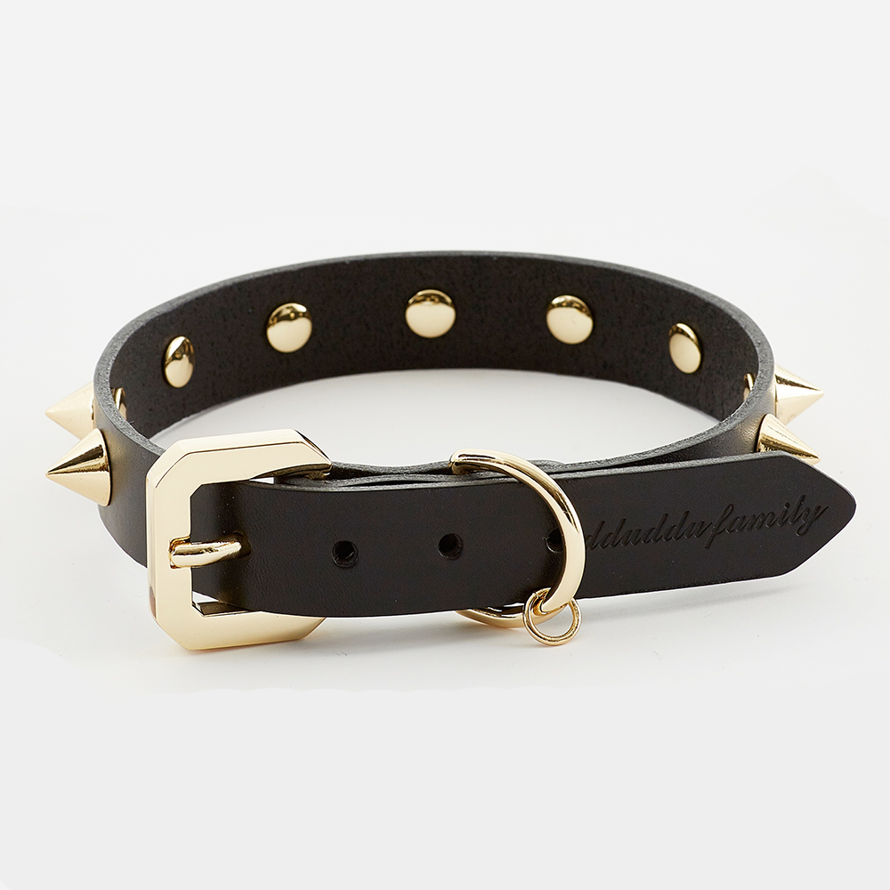 Black pet collar with gold spike embellishments from Emerald Alfie Golden Spike collection, designed for stylish dogs or cats.