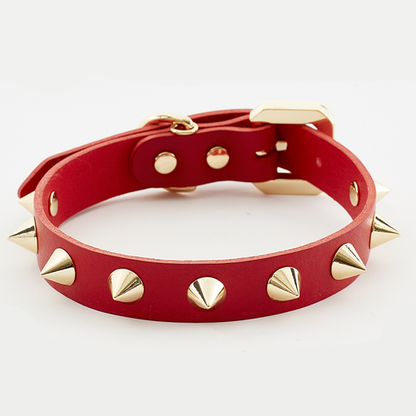 Emerald Alfie Golden Spike red pet collar with adjustable strap and metal buckle, designed for dogs.