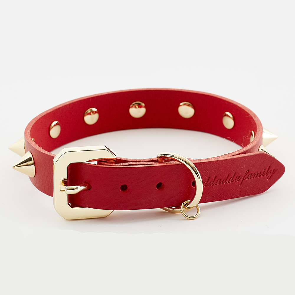 Golden Spike red pet collar from Emerald Alfie with adjustable strap and metal buckle, suitable for dogs or cats.