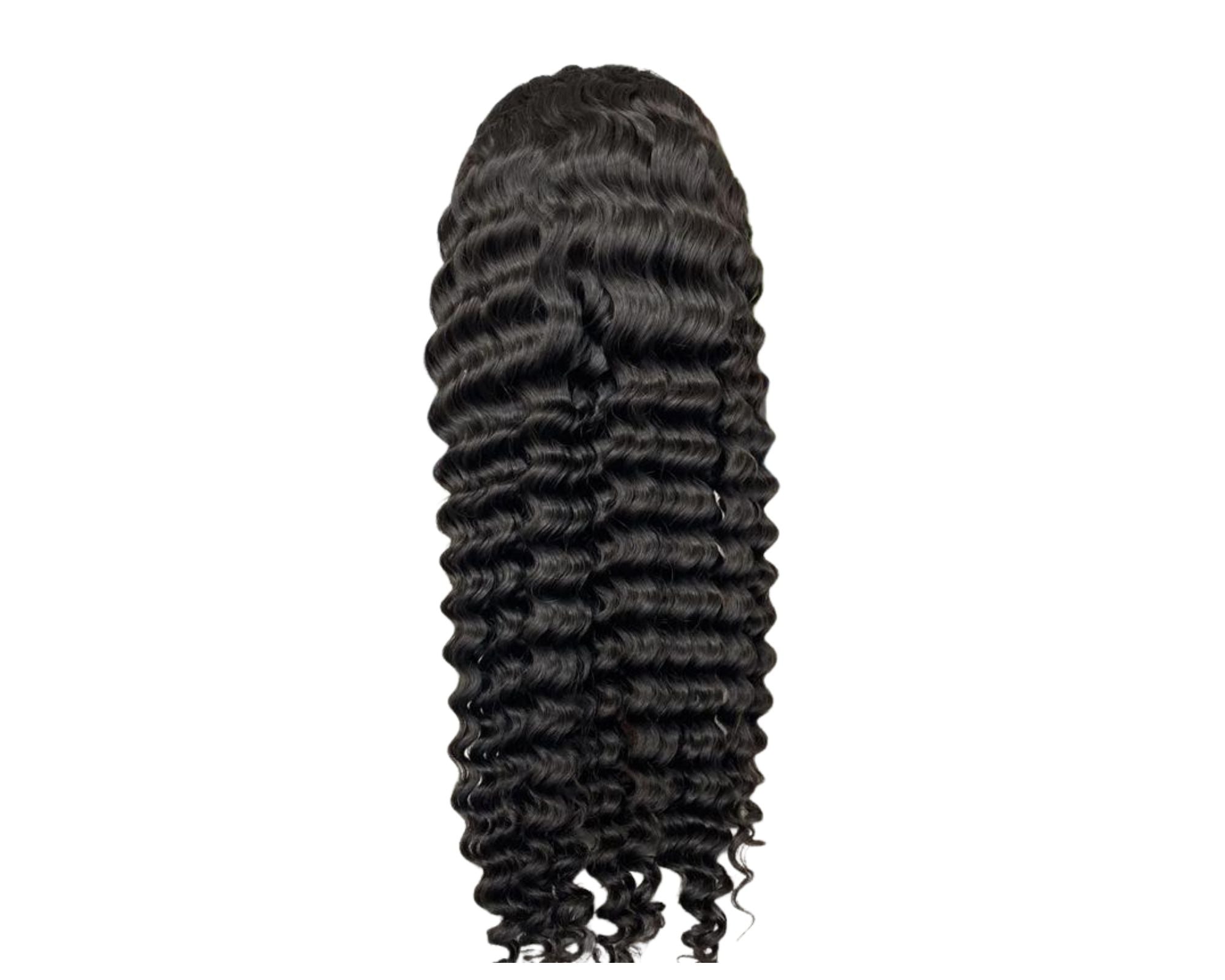 Cerise Alfie loose deep wave human hair headband wig with scarf, easy to wear, no glue, perfect for bath and beauty styling.