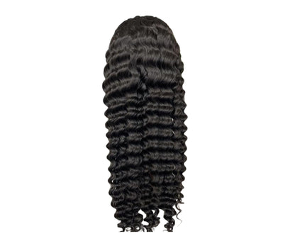Cerise Alfie loose deep wave human hair headband wig with scarf, easy to wear, no glue, perfect for bath and beauty styling.