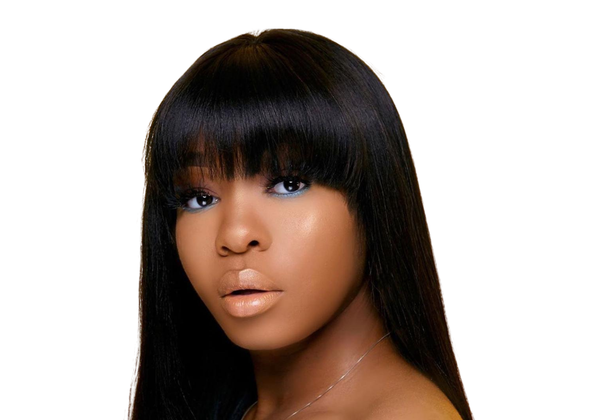 Cerise Alfie straight Brazilian human hair wig with bangs, full machine-made, showcased in a collage of various angles