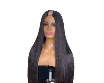 Cerise Alfie straight human hair U part wig for black women, Brazilian style, showing the wig on a model with sleek, natural hair.