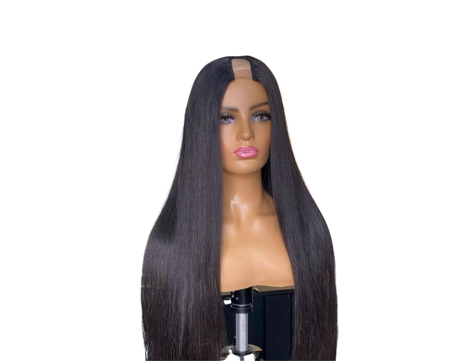 Cerise Alfie straight human hair U part wig for black women, Brazilian straight hair wig displayed on a model for bath and beauty.