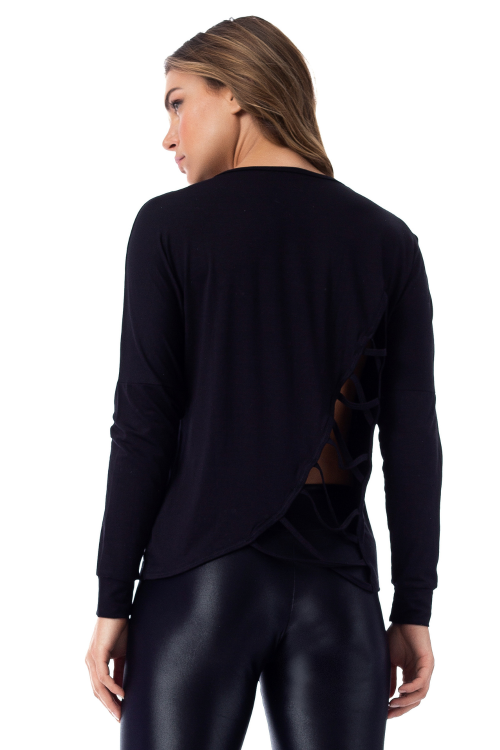 Red Medusa Lilly black long sleeve shirt displayed on a hanger, showing its sleek design and fitted style.