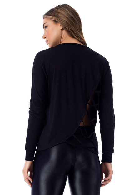 Red Medusa Lilly black long sleeve shirt displayed on a hanger, showing its sleek design and fitted style.