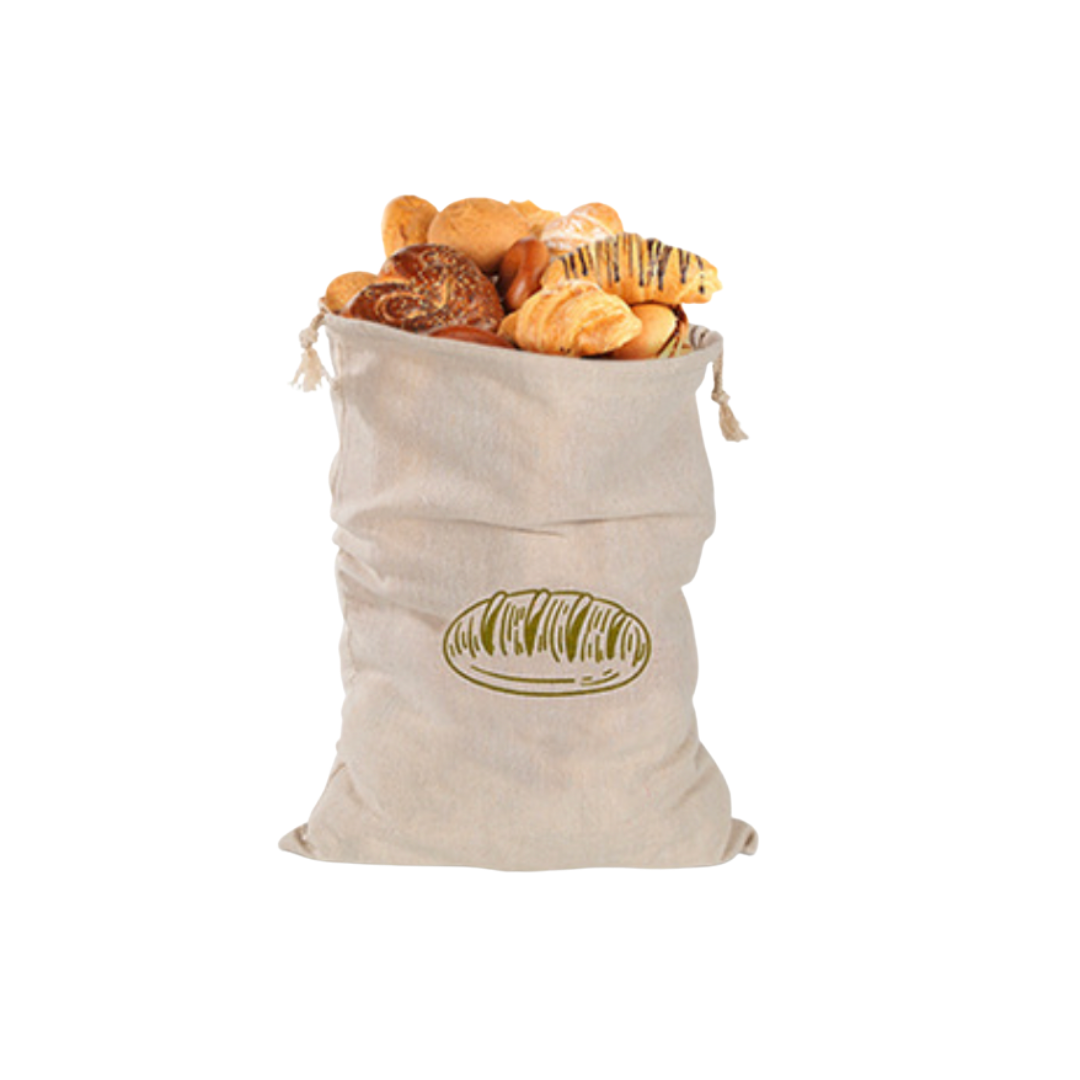Reusable linen bread bag by Yellow Lavender for storing fresh bread in home and kitchen. Natural, eco-friendly linen material.