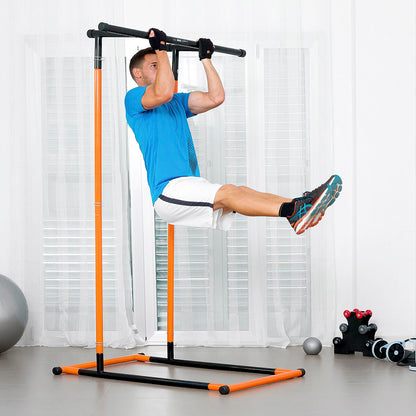 Full body pull-up station by Bigbuy with exercise guide, suitable for home gym workouts, in a sleek black and silver design.