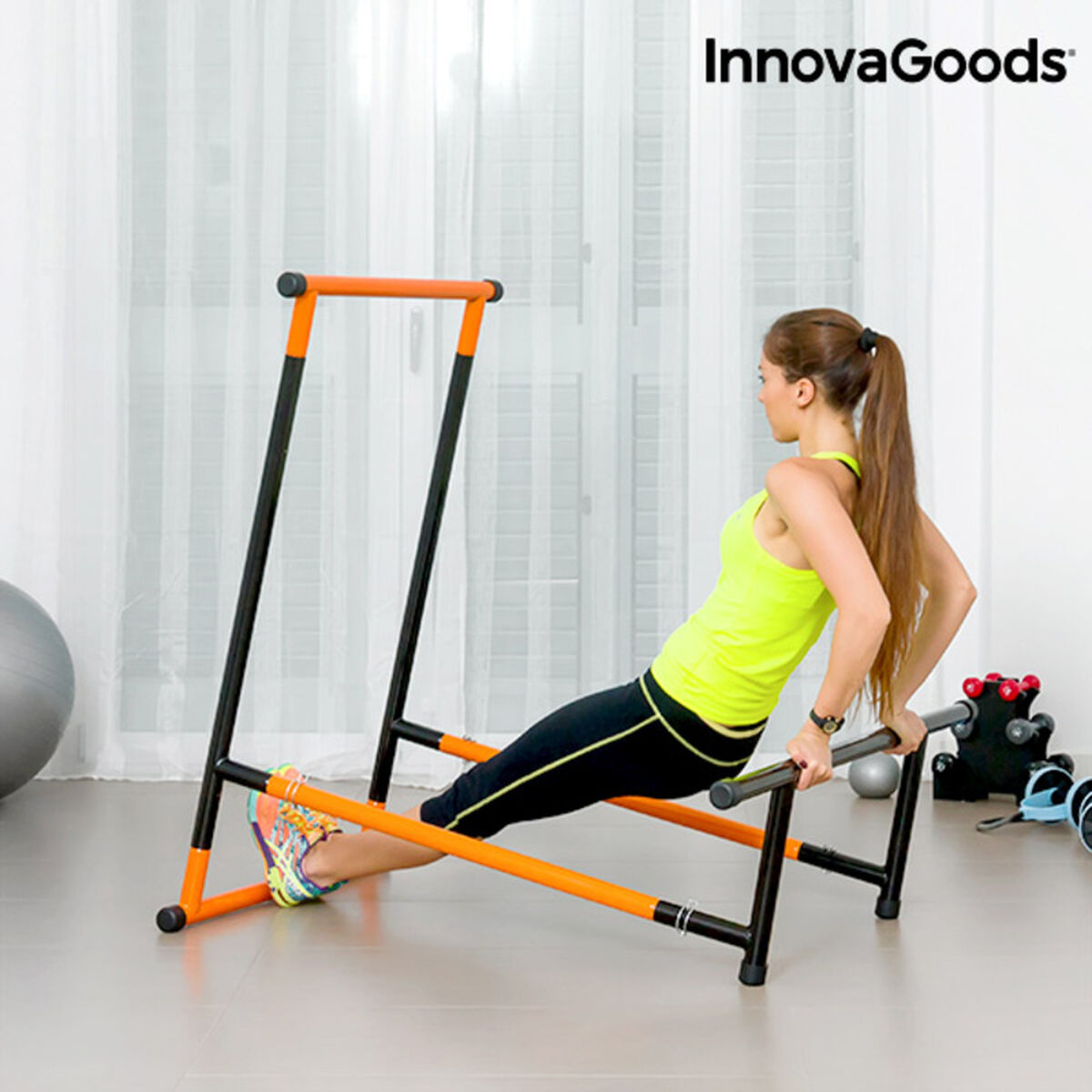 Full body pull-up station by Bigbuy with exercise guide, designed for strength training and fitness workouts.