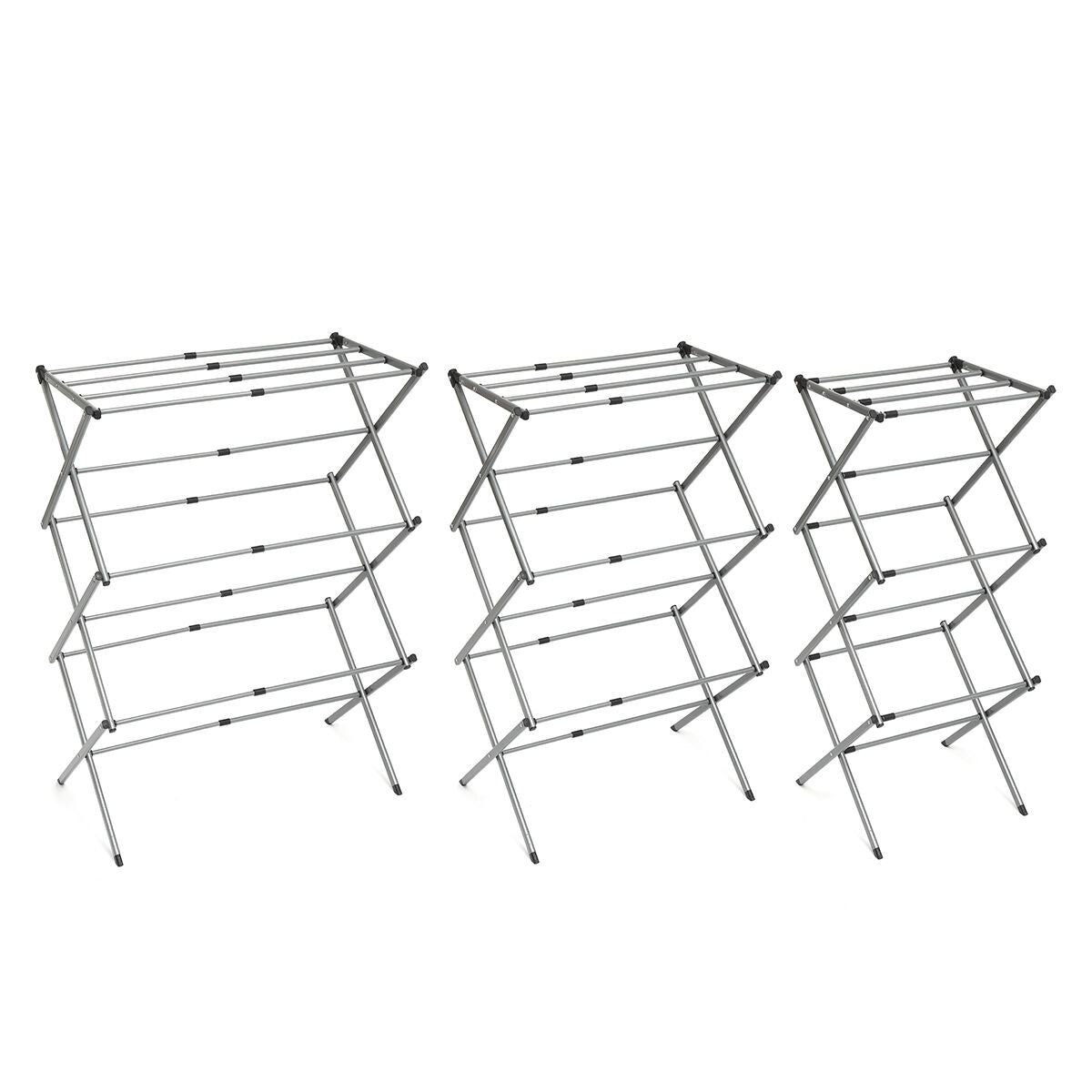 Extendable metal clothes dryer with three levels, ideal for home use, shown in a folded and extended position by Bigbuy.