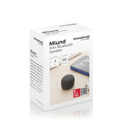 Rechargeable portable wireless mini speaker from Miund InnovaGoods, shown in black with control buttons and speaker grille.