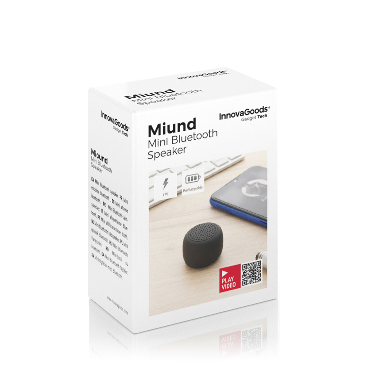 Rechargeable portable wireless mini speaker by Miund InnovaGoods, showing compact design and controls for consumer electronics use.