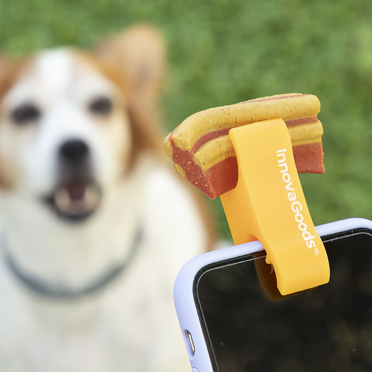 Selfie clip for pets from Pefie InnovaGoods, a consumer electronics device by Bigbuy, shown attached to a pet for taking selfies.