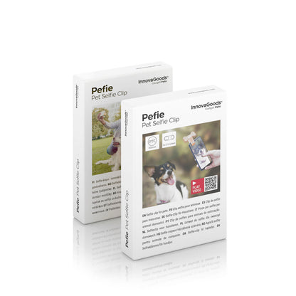 Pet selfie clip from Pefie InnovaGoods for smartphones, designed for hands-free pet photos, in packaging with product details.