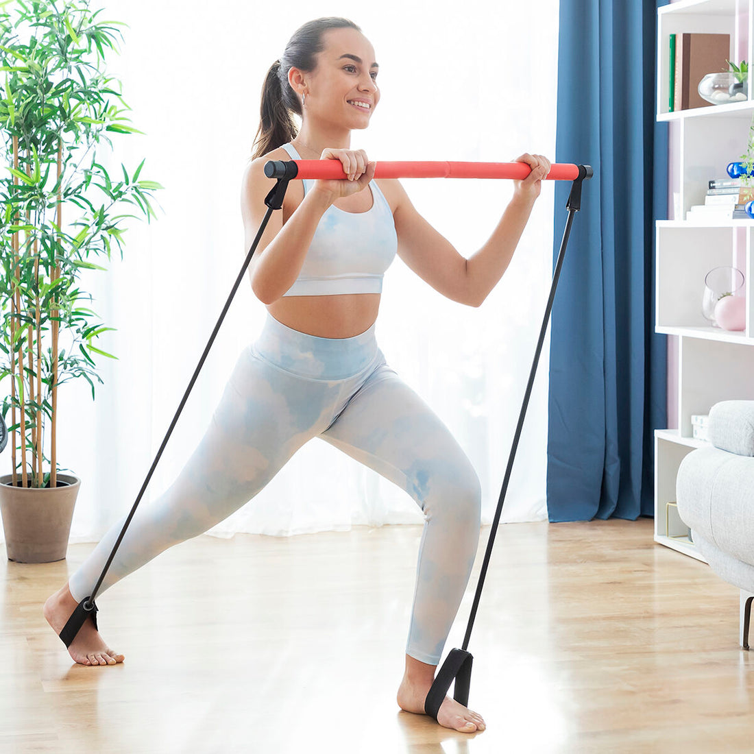 Bigbuy Fitness Bar with resistance bands and exercise guide for strength training, shown with adjustable bands and instructional booklet.