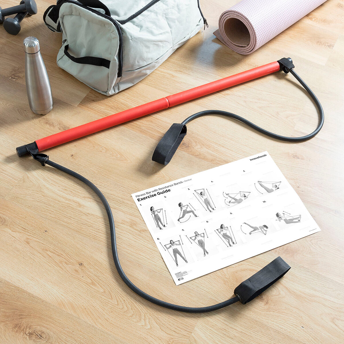 Bigbuy Fitness Bar with resistance bands and exercise guide, versatile sports equipment for strength training and fitness workouts.
