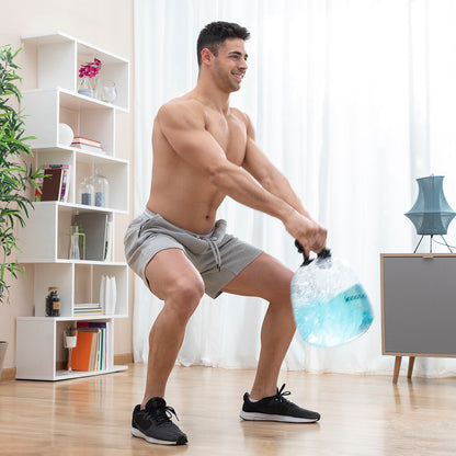 Bigbuy water-filled kettle bell for fitness training, shown with exercise guide, designed for strength and workout routines.