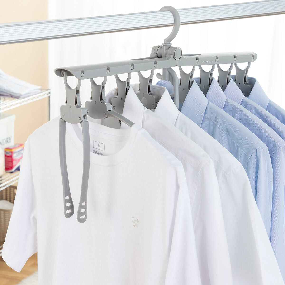 Multi-functional 8-in-1 furniture hanger by InnovaGoods with multiple hooks for organizing clothes and accessories.