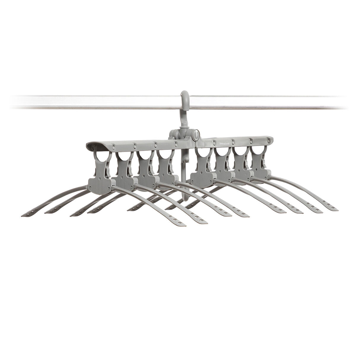 InnovaGoods 8-in-1 Multi Hanger Spavver used for organizing clothes and accessories, with multiple hooks and compartments.