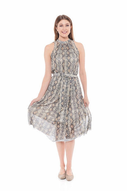 Brown snake print skirt for women by Violet Aether, featuring a high waist and flowing silhouette.