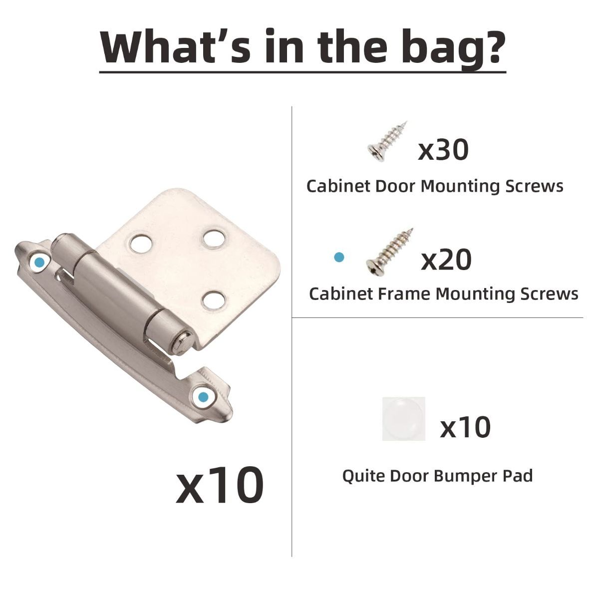 Cabinet Hinges Brushed Nickel for Kitchen Cabinets Doors (10 Pcs) -1/2" Overlay (Variable) -Self Closing Kitchen Cabinet Hinges Flush Mount w/Silicon Bumpers &amp; Hardware Screws - Silver