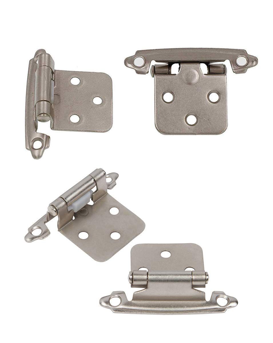 Cabinet Hinges Brushed Nickel for Kitchen Cabinets Doors (10 Pcs) -1/2" Overlay (Variable) -Self Closing Kitchen Cabinet Hinges Flush Mount w/Silicon Bumpers &amp; Hardware Screws - Silver