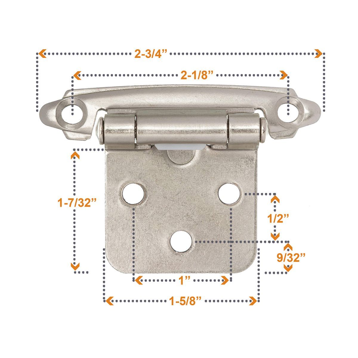 Cabinet Hinges Brushed Nickel for Kitchen Cabinets Doors (10 Pcs) -1/2" Overlay (Variable) -Self Closing Kitchen Cabinet Hinges Flush Mount w/Silicon Bumpers &amp; Hardware Screws - Silver