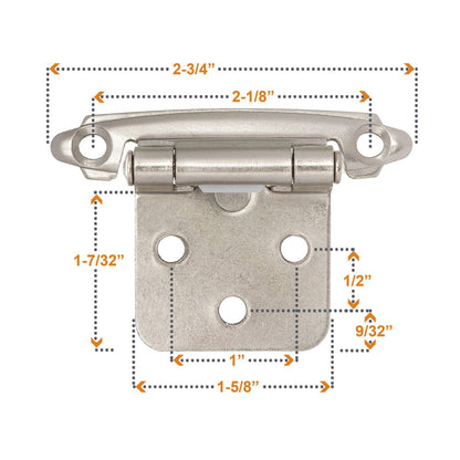 Cabinet Hinges Brushed Nickel for Kitchen Cabinets Doors (10 Pcs) -1/2" Overlay (Variable) -Self Closing Kitchen Cabinet Hinges Flush Mount w/Silicon Bumpers &amp; Hardware Screws - Silver