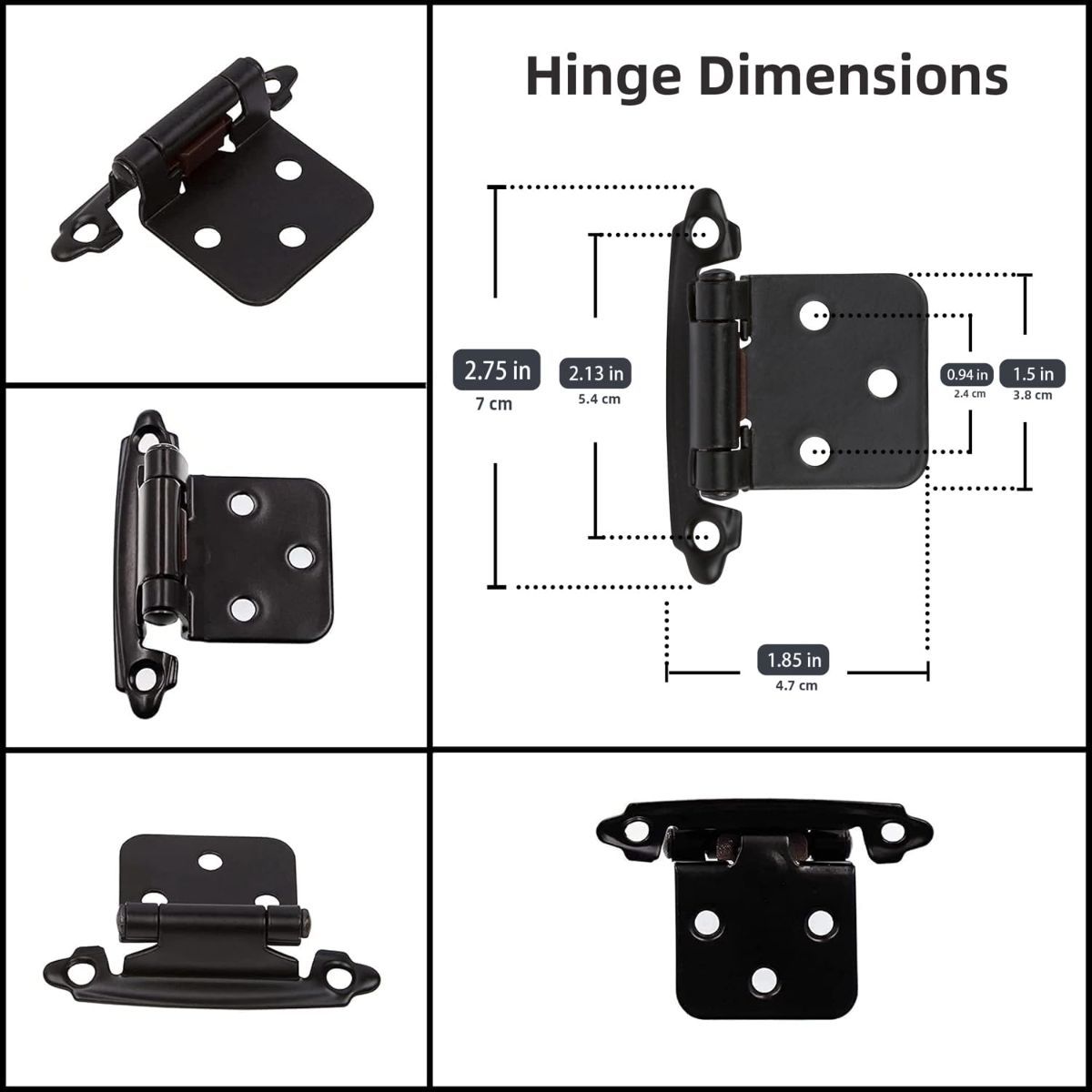Cabinet Hinges Brushed Nickel for Kitchen Cabinets Doors (10 Pcs) -1/2" Overlay (Variable) -Self Closing Kitchen Cabinet Hinges Flush Mount w/Silicon Bumpers &amp; Hardware Screws - Black