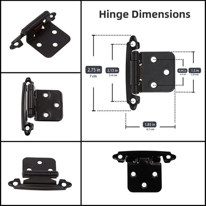 Cabinet Hinges Brushed Nickel for Kitchen Cabinets Doors (10 Pcs) -1/2" Overlay (Variable) -Self Closing Kitchen Cabinet Hinges Flush Mount w/Silicon Bumpers &amp; Hardware Screws - Black