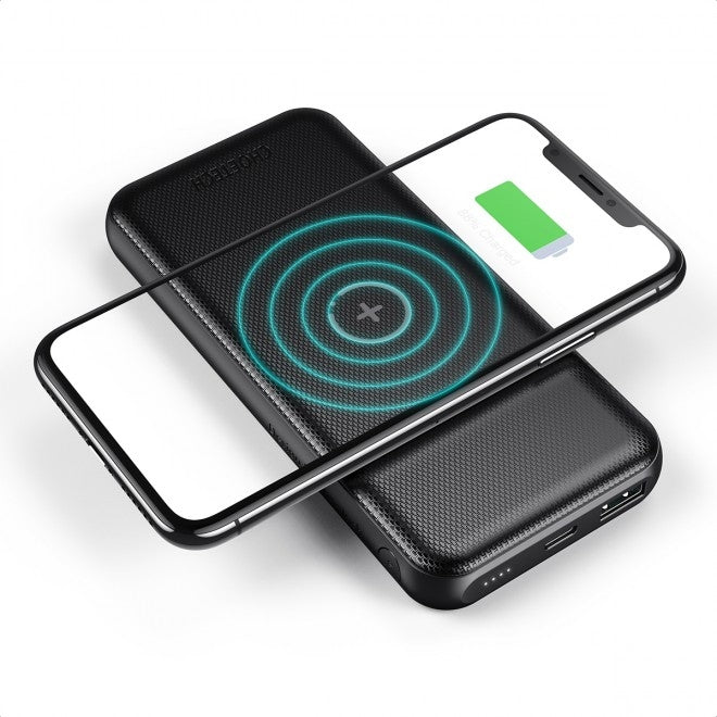 Ultramarine Dione Choetech B650-CC 10000mAh wireless power bank in black with USB-C charging port, portable tech accessory.