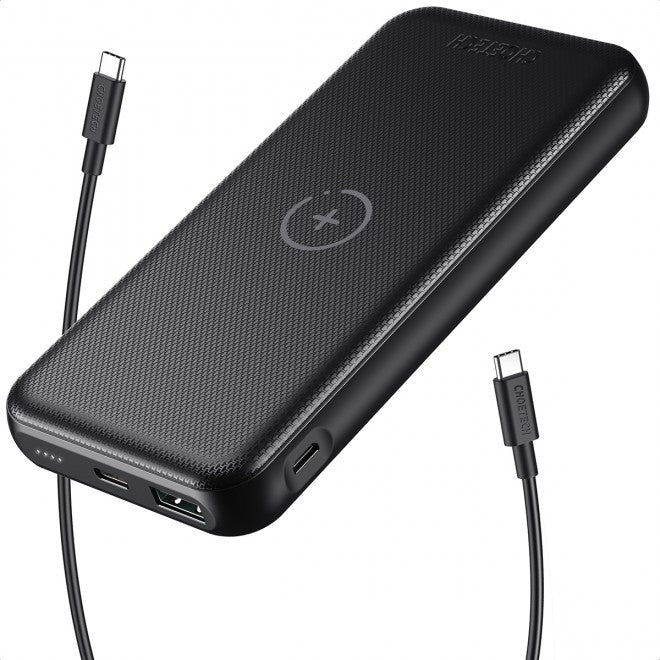 Ultramarine Dione Choetech B650-CC 10000mAh wireless power bank in black with USB ports and sleek design.