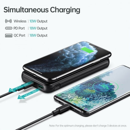 Ultramarine Dione Choetech B650-CC 10000mAh wireless power bank in black, showing USB ports and sleek design.