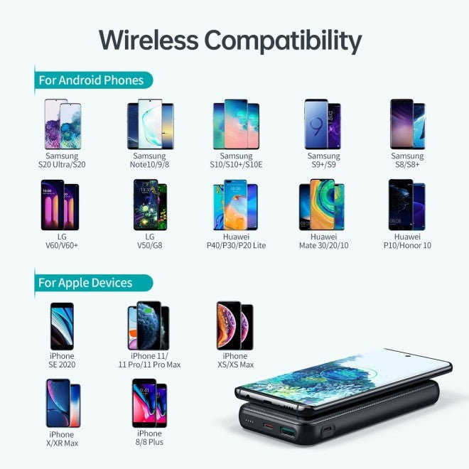 Ultramarine Dione Choetech B650-CC 10000mAh wireless power bank in black, featuring multiple charging ports and compact design.