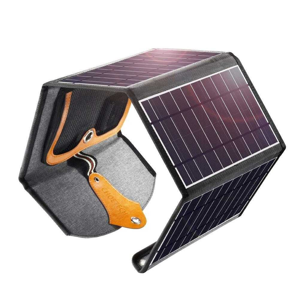 Ultramarine Dione CHOETECH SC005 22W waterproof foldable solar panel charger with multiple USB ports on a surface