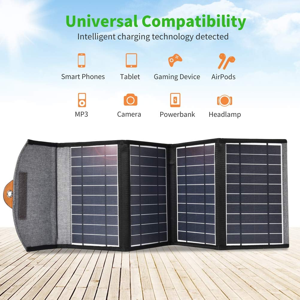 Ultramarine Dione CHOETECH SC005 22W waterproof foldable solar panel charger with USB ports, outdoors in sunlight.
