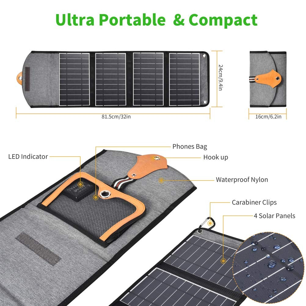 Ultramarine Dione CHOETECH SC005 22W waterproof foldable solar panel charger with multiple USB ports, outdoor-ready tech accessory.