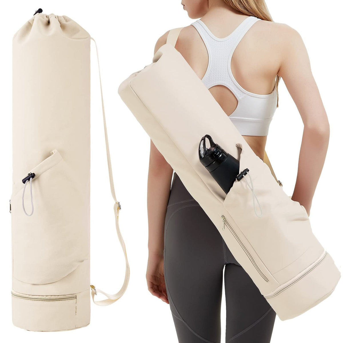 NNEDSZ Off White Durable Yoga Mat Carry Bag - Multi-Functional Fitness Backpack with Wet Pocket(Mugs are filming props, not included)