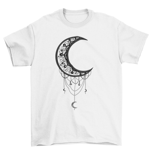Illustrated moon graphic on Turquoise Theseus T-shirt featuring celestial artwork and moon designs.