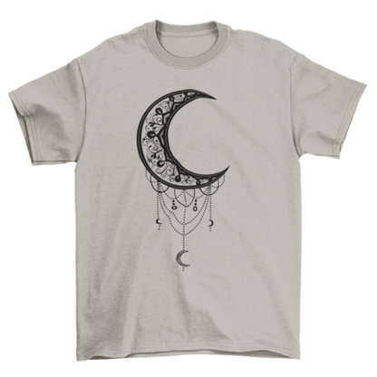 Illustrated moon design on Turquoise Theseus T-shirt, featuring a celestial moon graphic on soft fabric.