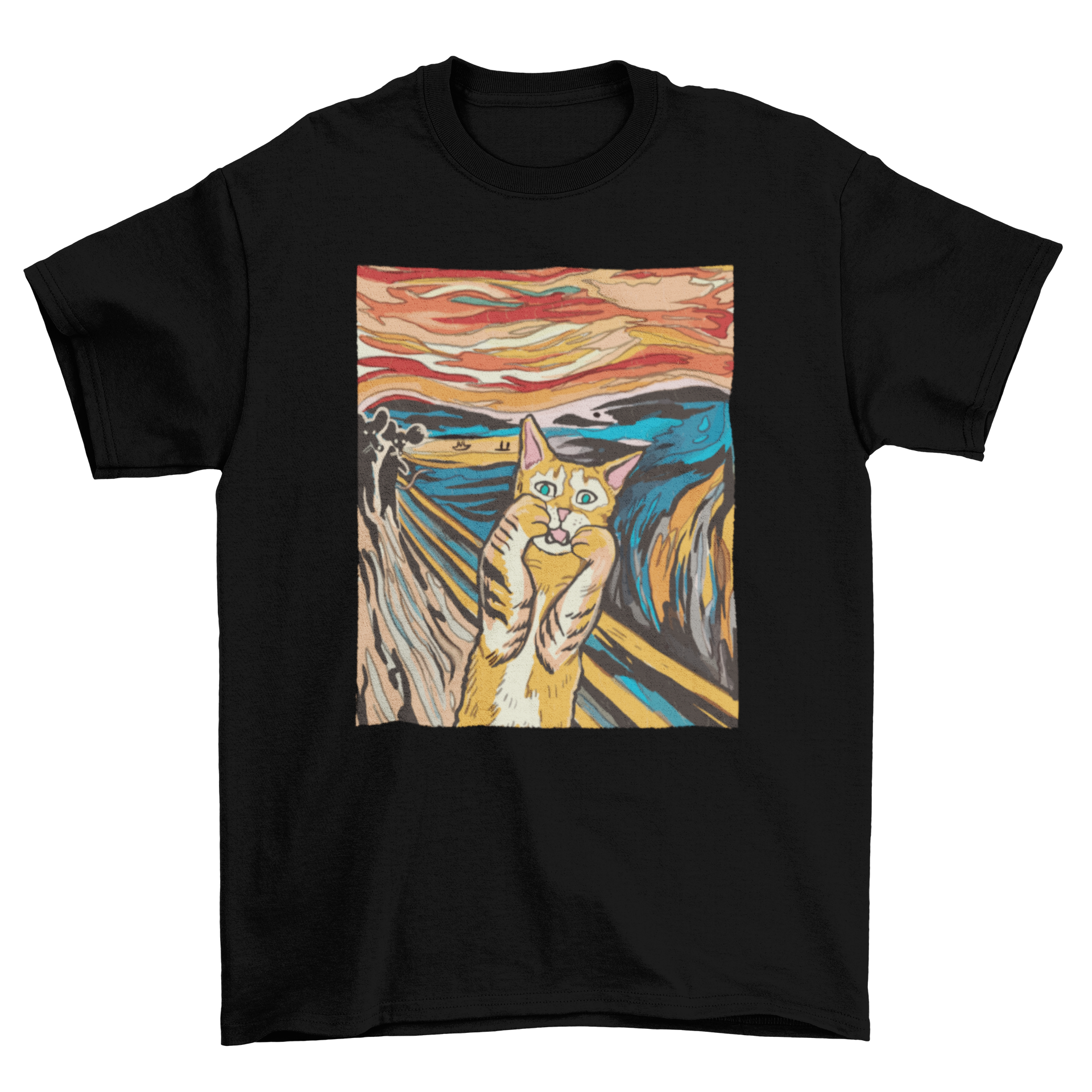 Turquoise Theseus The Scream parody cat T-shirt featuring a graphic print of a cat inspired by Edvard Munch&